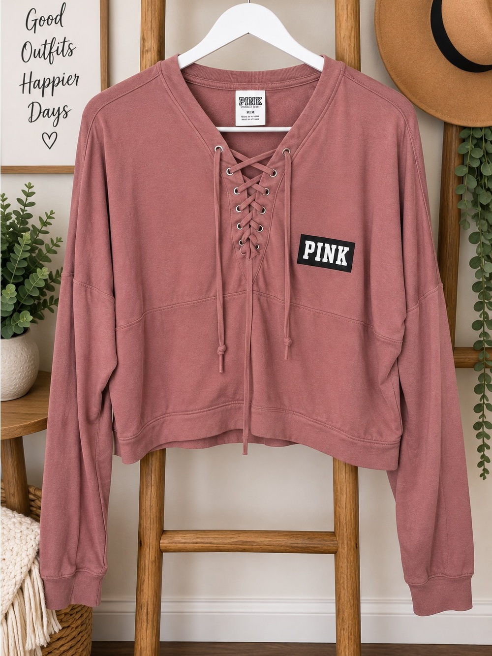 PINK Victoria's Secret Lace-Up Crop Sweatshirt in Dusty Rose